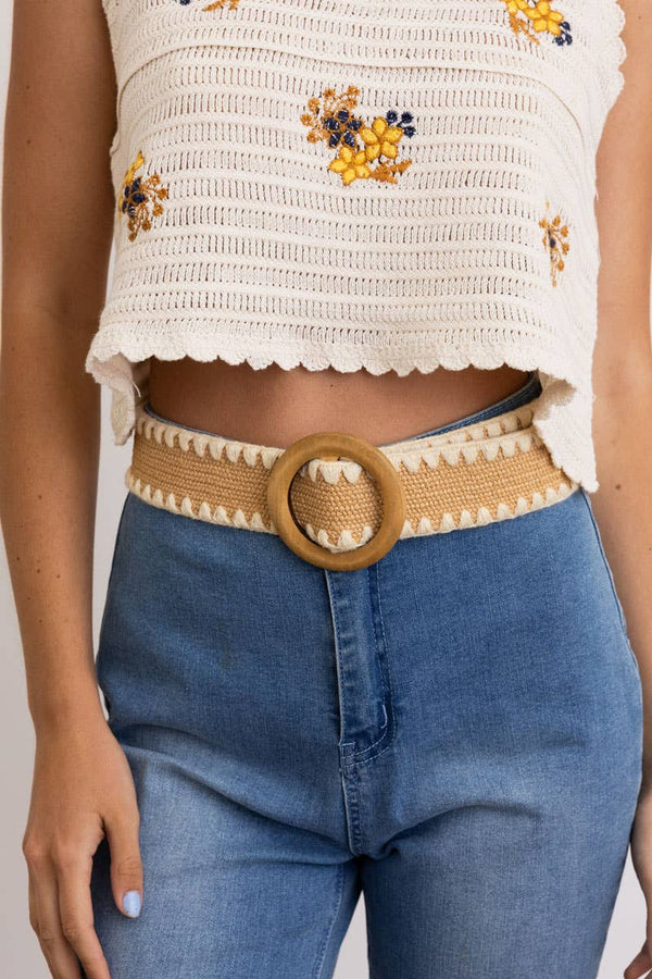 Whipstitch Raffia Belt with Wooden Buckle