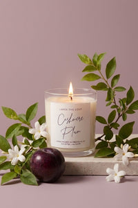 A lit candle in a clear glass jar sits on a stone slab surrounded by green leaves, white flowers, and a dark purple plum against a dusty mauve background. The candle label reads 'Layer the Love Cinnamon Plum'.