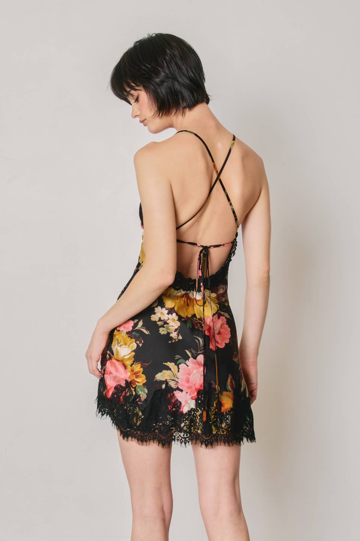 Floral Lace Trim Satin Mini Dress