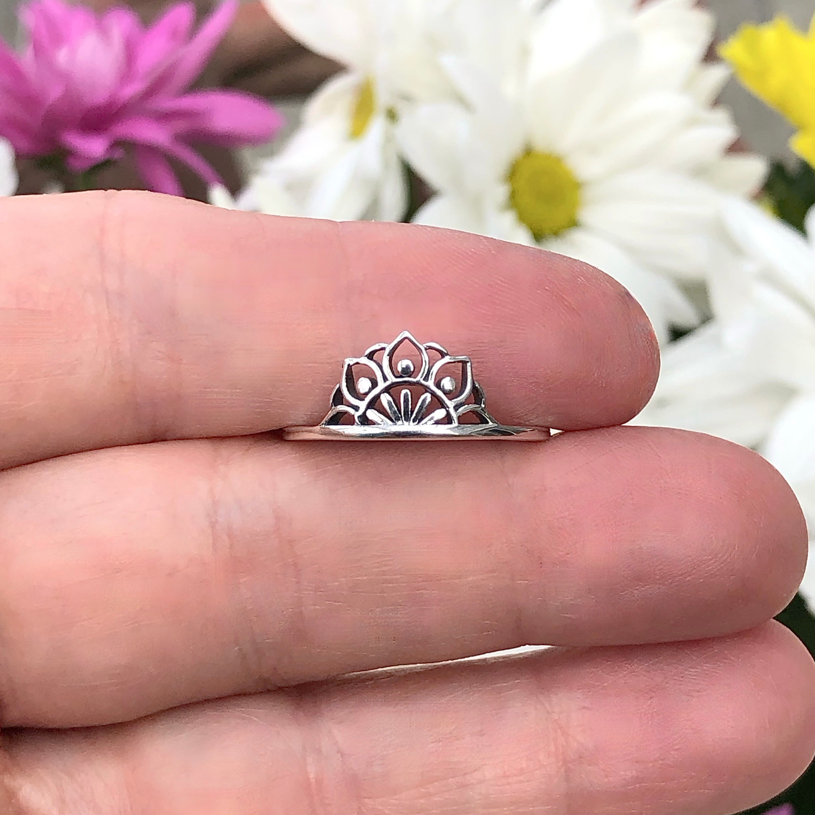 Half Lotus Mandala Ring in Sterling Silver