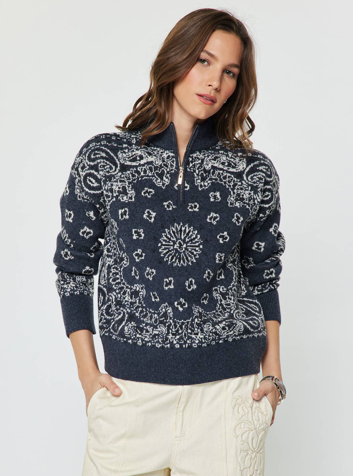 Bandana Pattern Half Zip Sweater