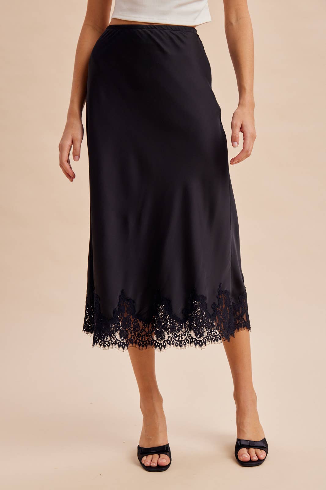 Satin Lace Trim Midi Skirt
