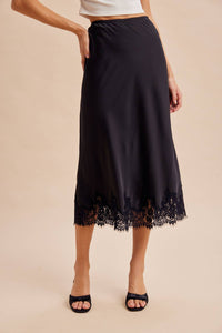 Satin Lace Trim Midi Skirt