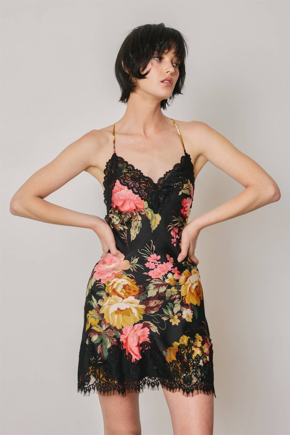 Floral Lace Trim Satin Mini Dress
