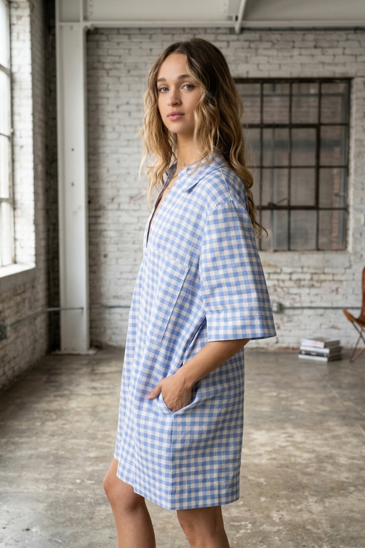 Woman wearing a blue checkered dress in an industrial-style room.