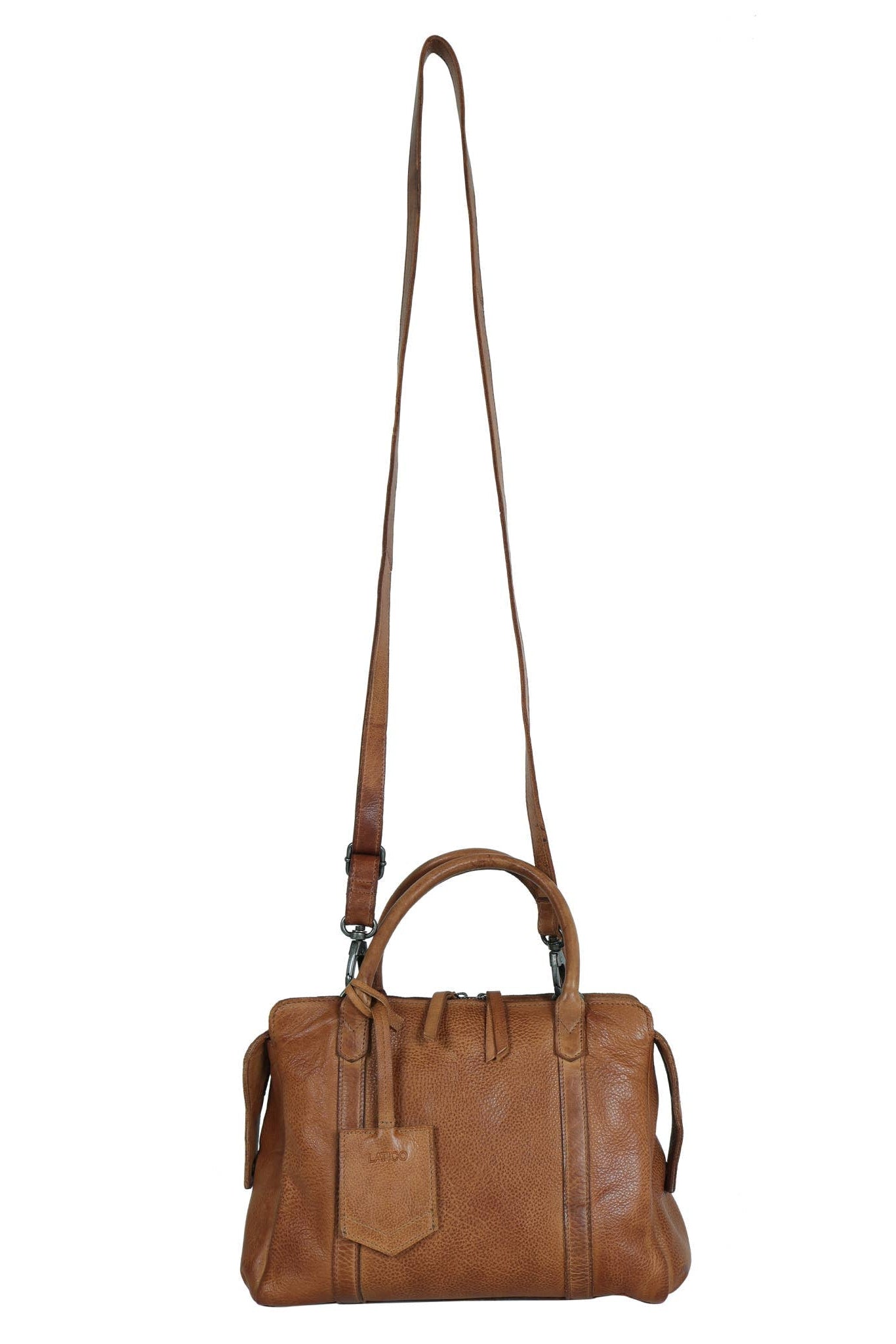 Brown leather handbag with a strap on a white background