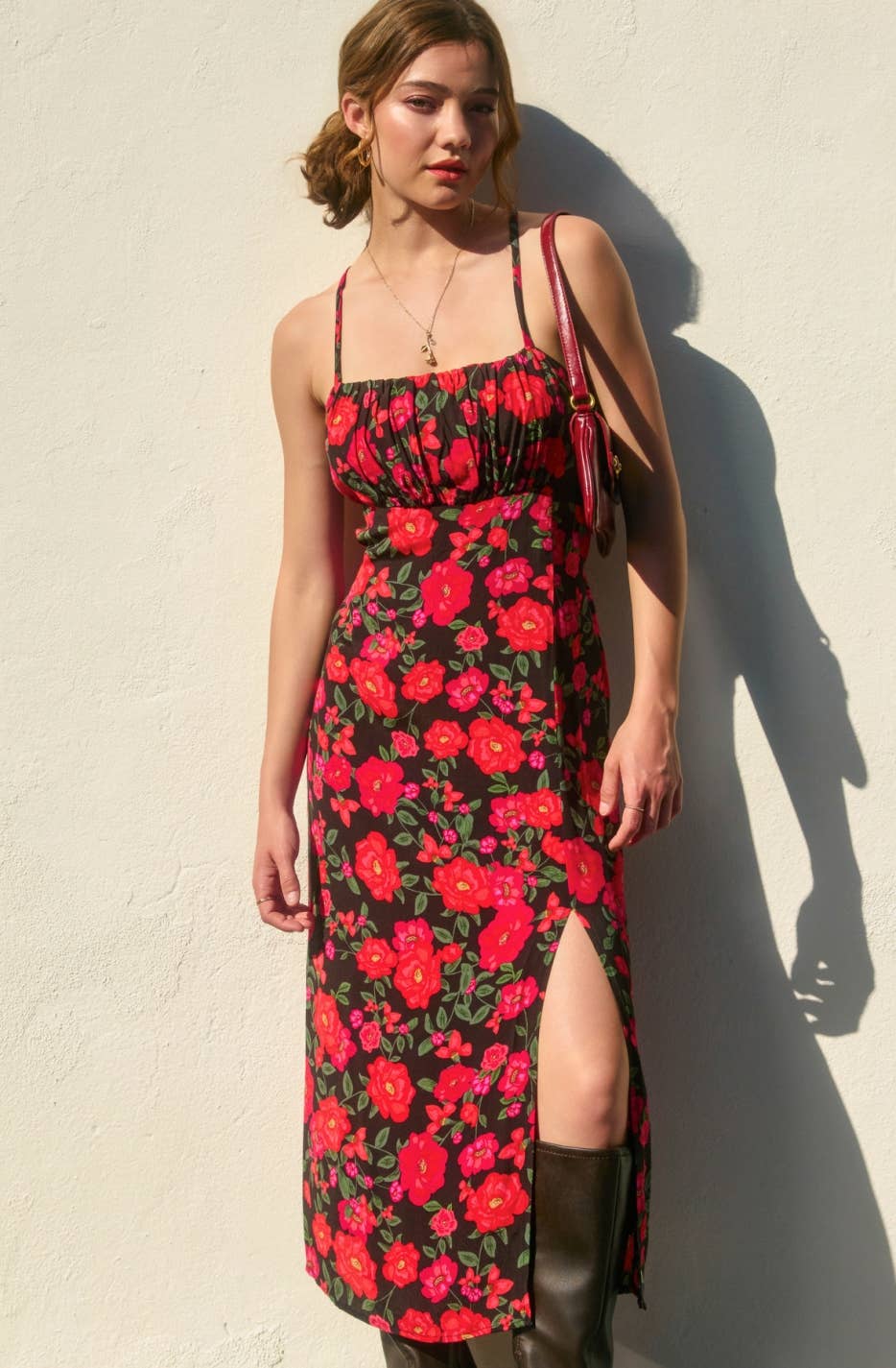 Red Floral Tie Back Midi Dress