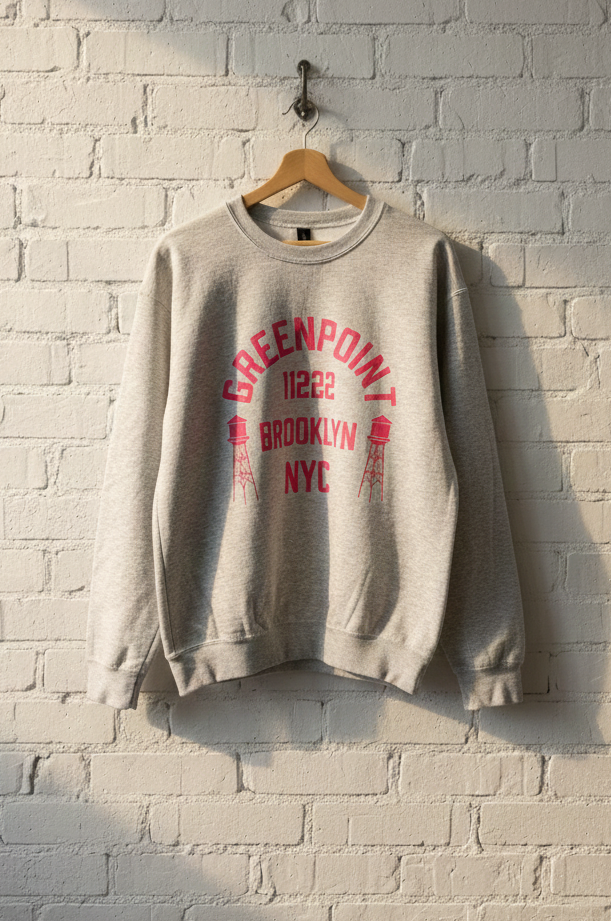 Gray sweatshirt with red text on a wooden hanger against a white brick wall