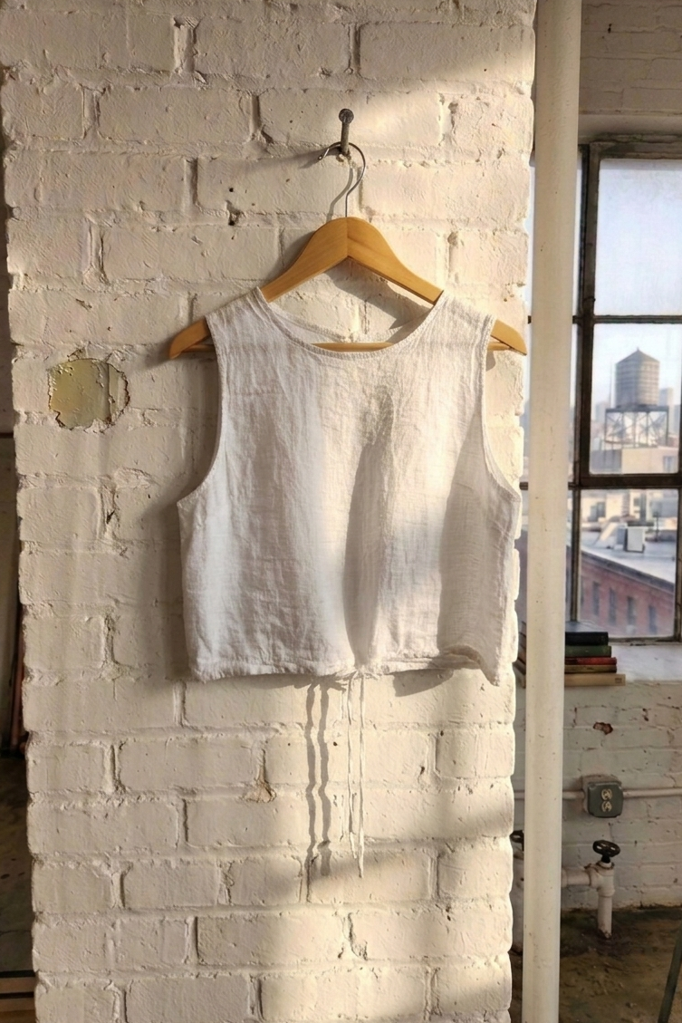 White sleeveless top on a hanger against a white brick wall with a cityscape view.