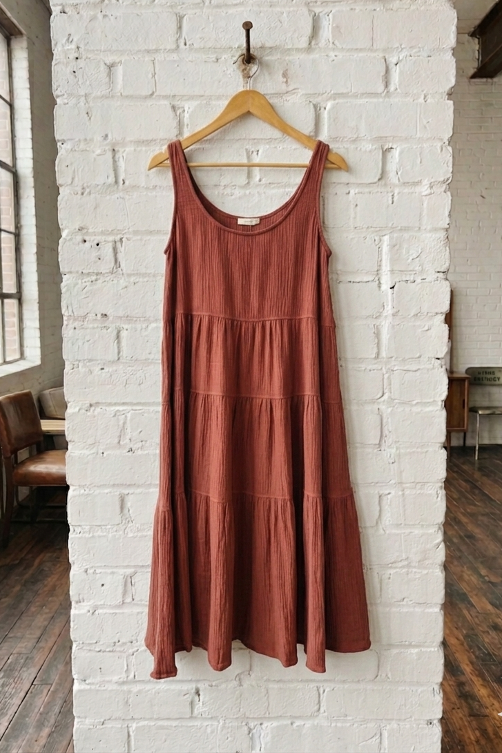 Brown dress hanging on a wooden hanger against a white brick wall.