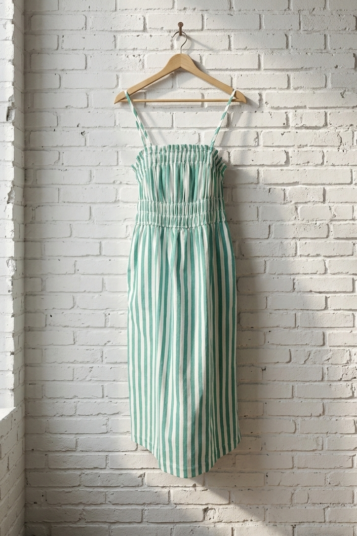 Green and white striped dress hanging on a wooden hanger against a white brick wall.