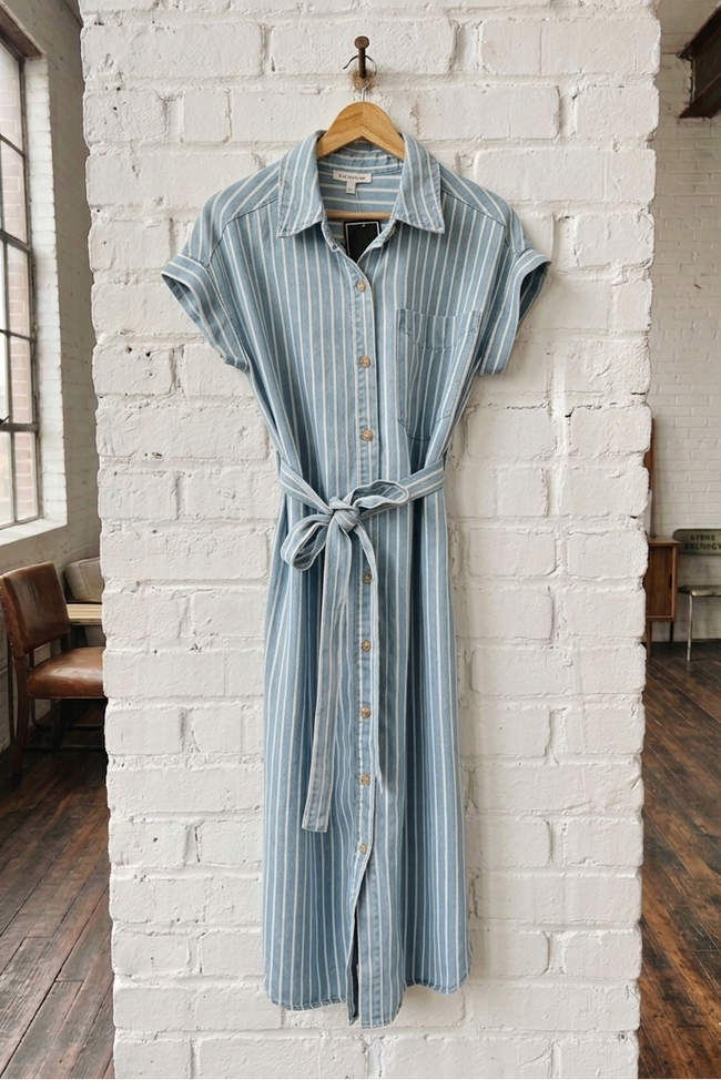 Blue striped dress hanging on a brick wall