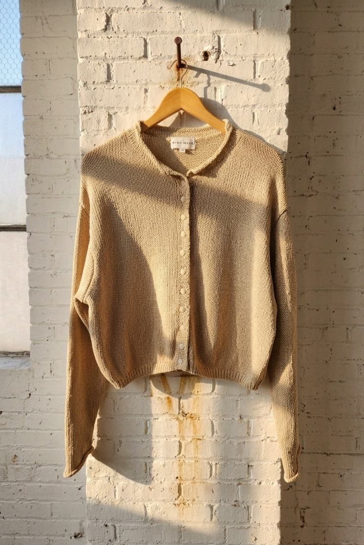 A beige knit cropped cardigan sweater with a button-down front, hanging on a wooden hanger against a white brick wall with warm sunlight and window shadows.