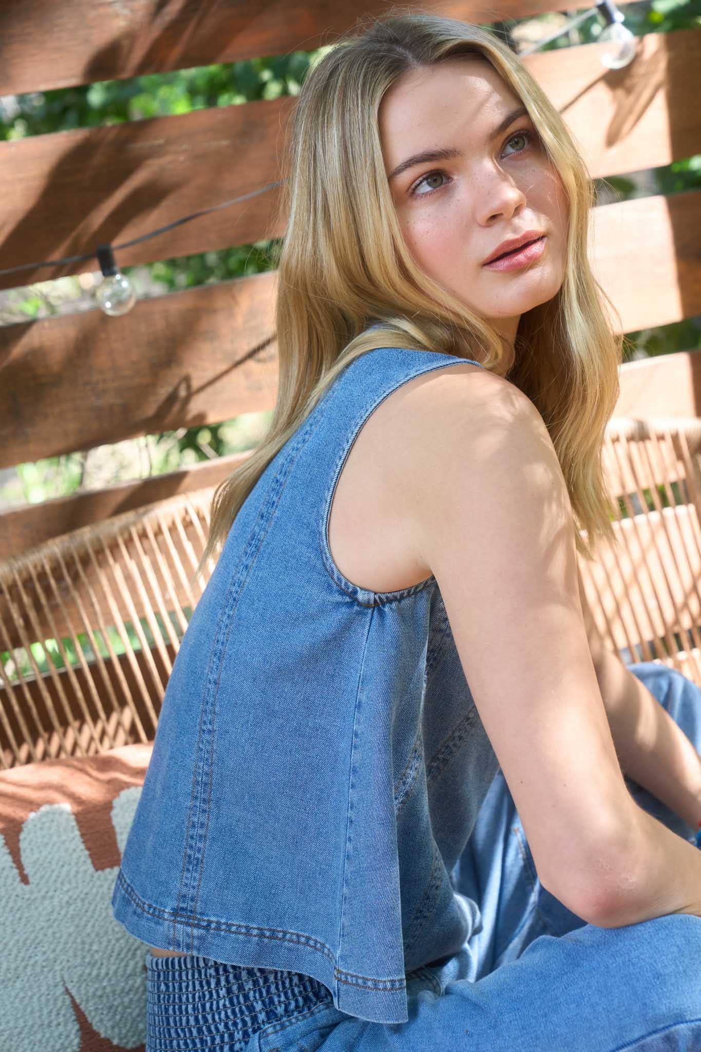 Seamed Sleeveless Denim Top
