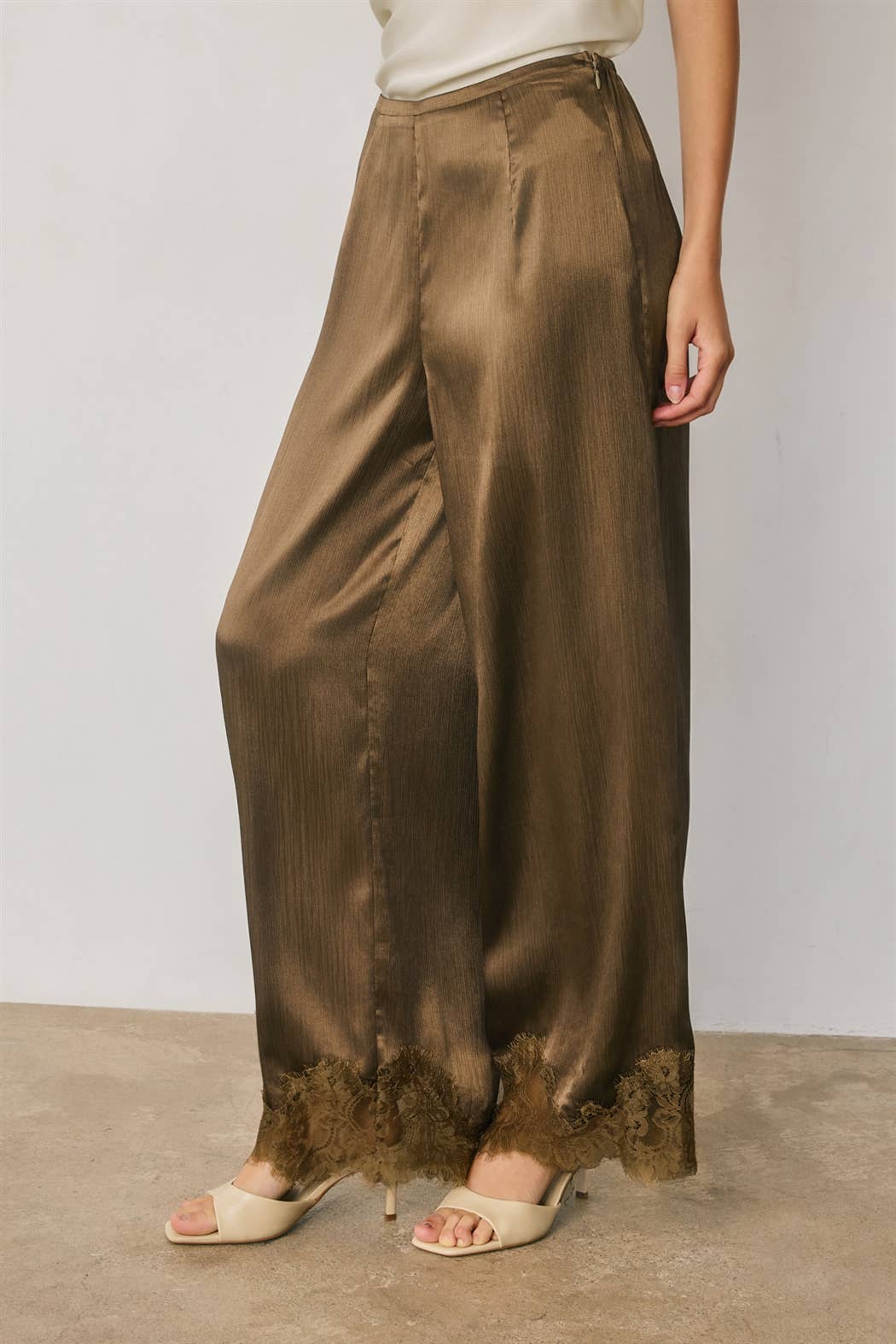 Satin Wide Leg Pants with Lace Hem