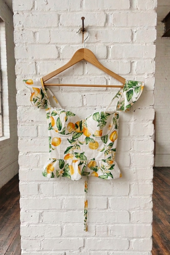Floral top with lemon pattern on a wooden hanger against a white brick wall.