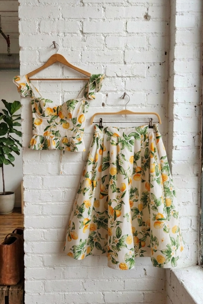 Floral dress with lemon pattern hanging on a brick wall.