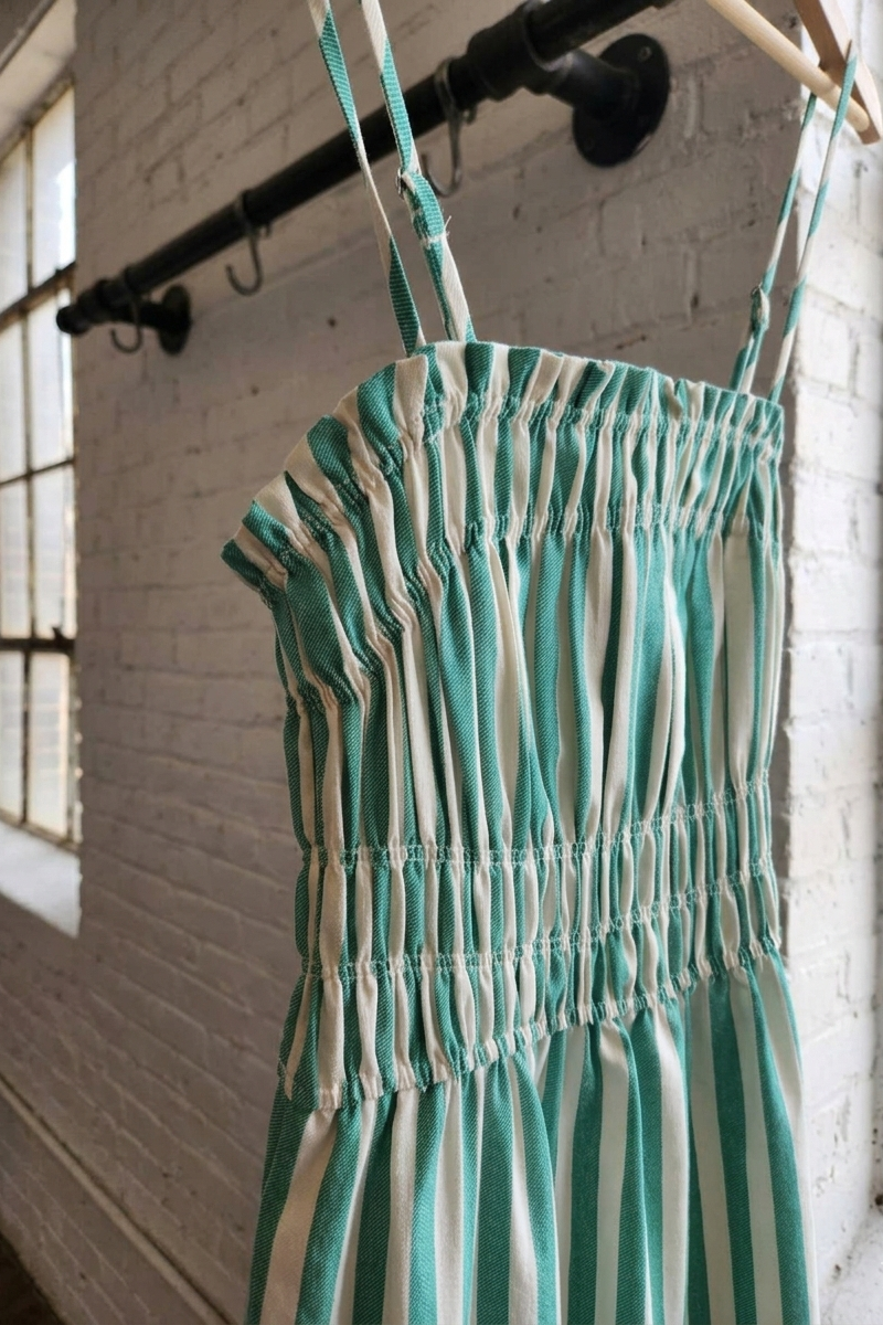 Green and white striped dress hanging on a rack against a white brick wall.