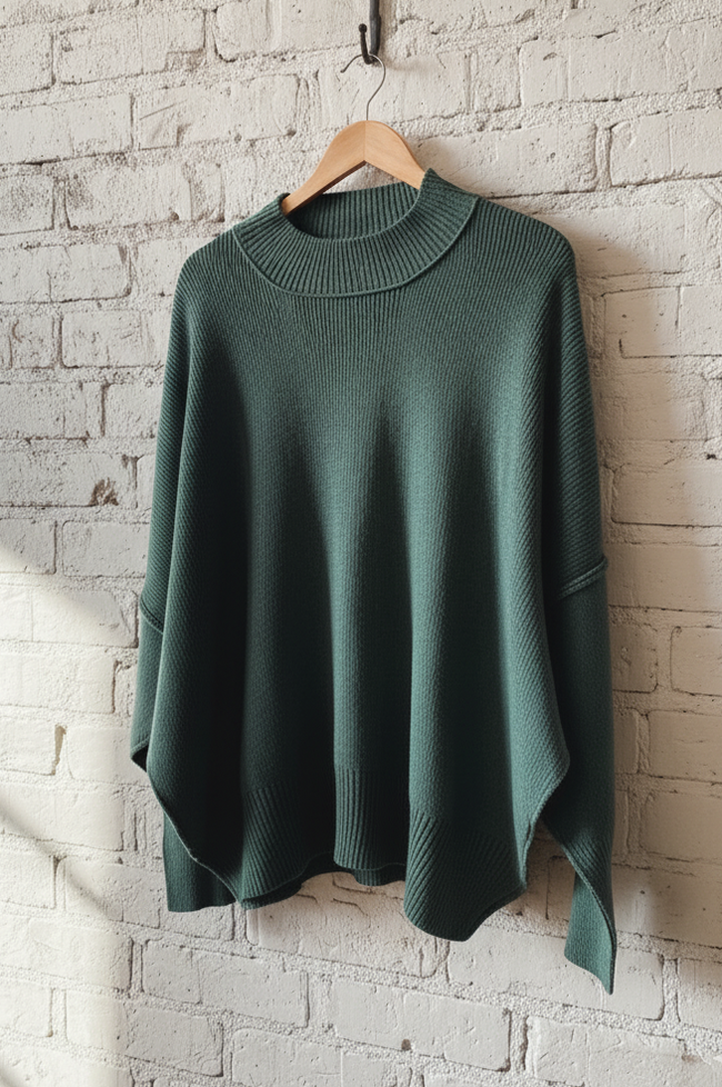 Green sweater on a hanger against a white brick wall