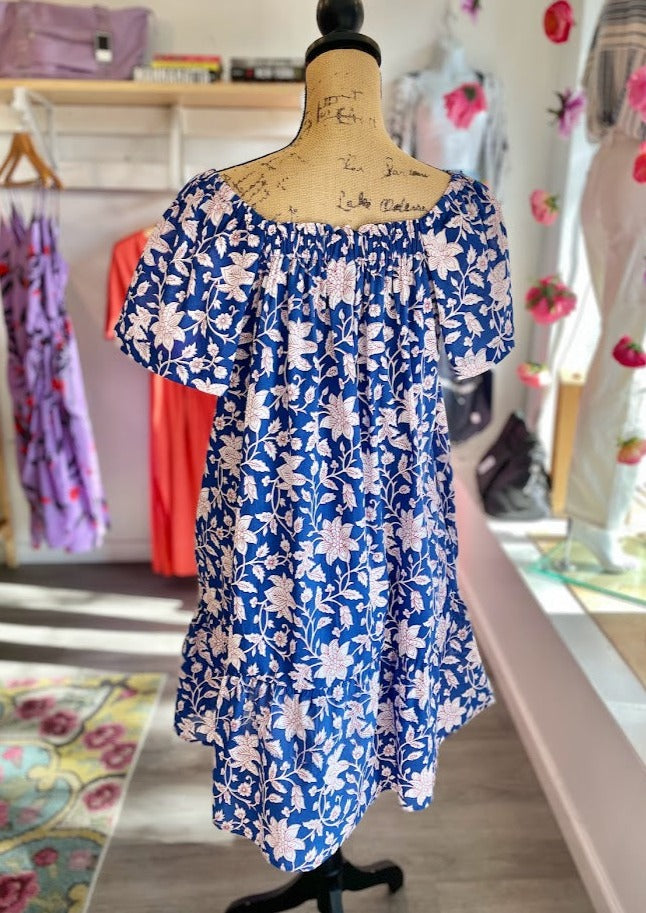 Kara Cotton Swing Dress in Bold Blue Floral
