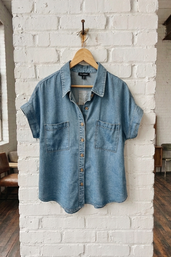 Blue denim shirt on a hanger against a white brick wall.