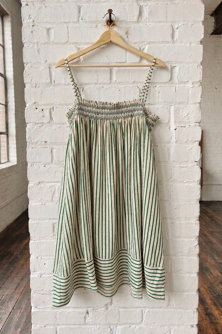Striped dress hanging on a wooden hanger against a white brick wall.