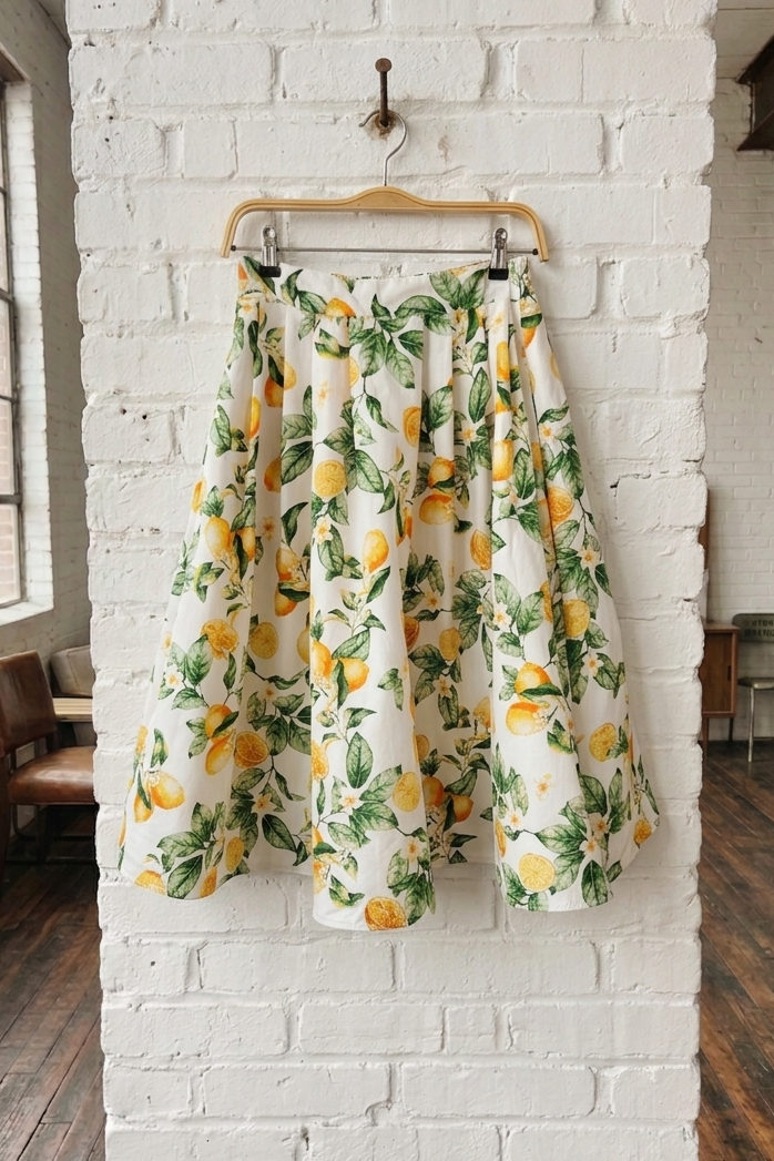 Skirt with lemon pattern on a hanger against a white brick wall.