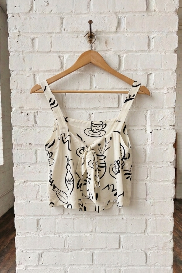 White top with black patterns hanging on a wooden hanger against a white brick wall.