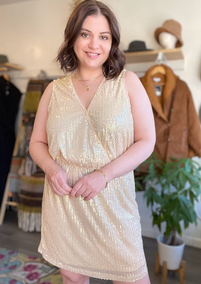 Final Sale - Gold Sequin Sleeveless Crossover Dress
